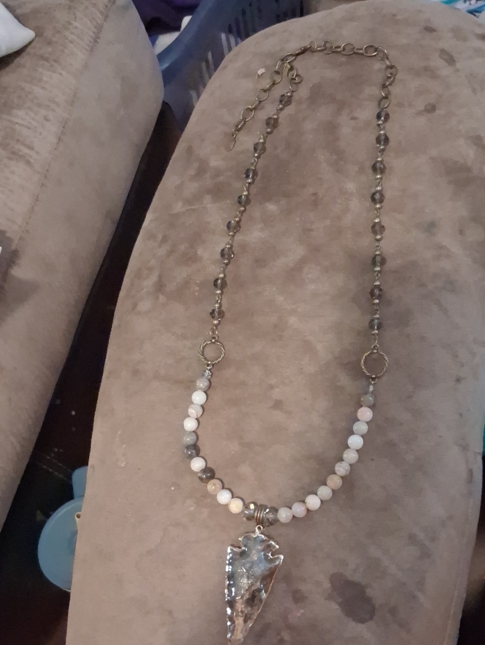 Handcrafted Silver Arrowhead Pendant Necklace with Cream and Gray Beads